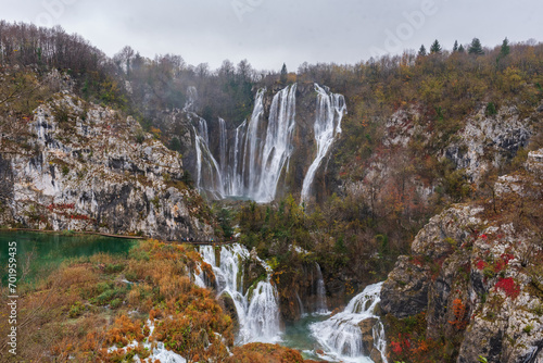 Great Waterfall in Plitvice National Park in Croatia on an autumn day. Vertical panorama © Natalia
