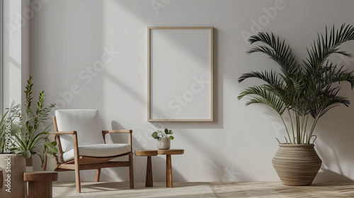 White empty frame mockup hanging on a Scandinavian-inspired wall, minimalist chair, and a simple wooden side table.  © AB malik