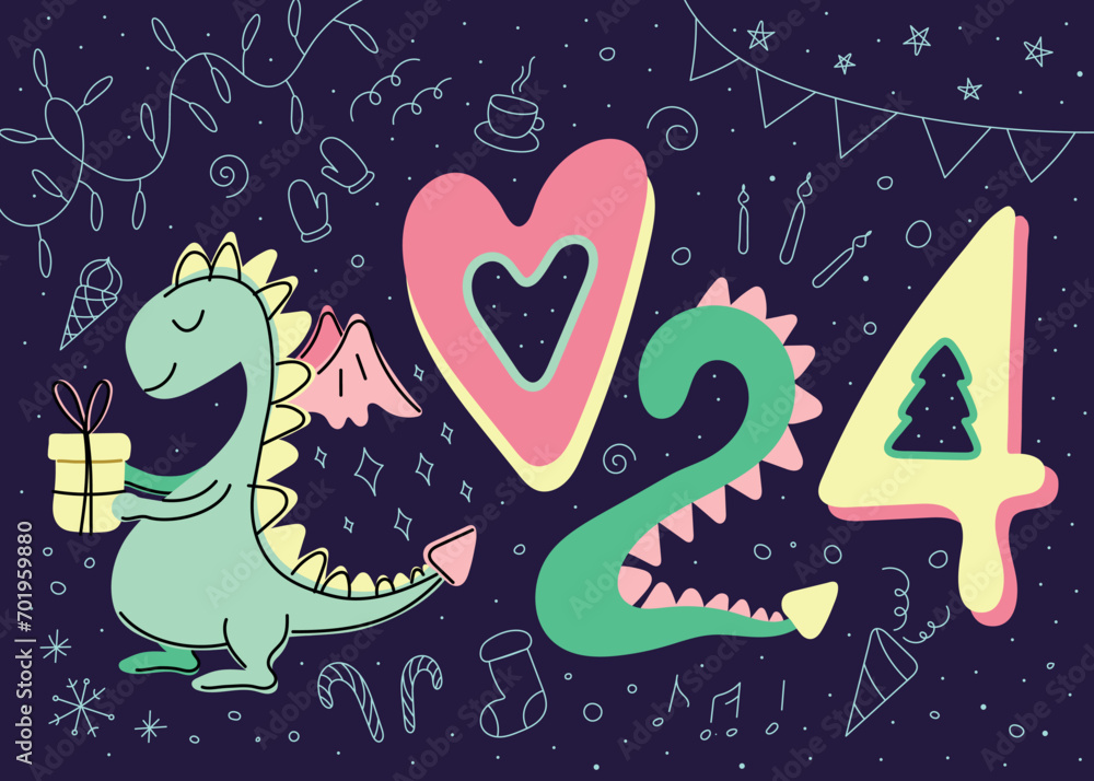 Cute hand drawn poster for 2024 new year decoration. Dragon with gift. Doodle elements. It's suitable for printing posters or calendars. Cute hand drawn poster for 2024 new year decoration. Dragon with gift. Doodle elements. It's suitable for printing posters or calendars.