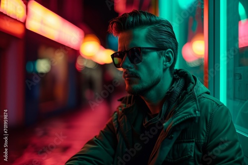 A man in a green jacket and sunglasses, neon style