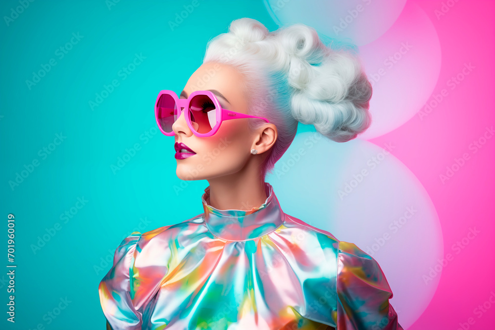 portrait of a stylish young girl model with colored hair in glasses and colorful bright clothes. Happy fashionable girl. portrait of a stylish young girl model with colored hair in glasses and colorful bright clothes. Happy fashionable girl.