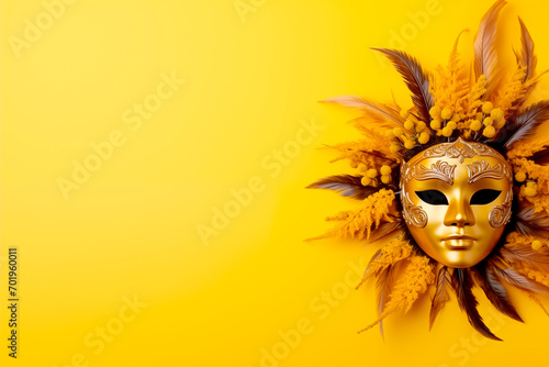 Venetia yellow mask with feathers on a yellow background. mardi gras background. Carnival Party. Masquerade Concept.