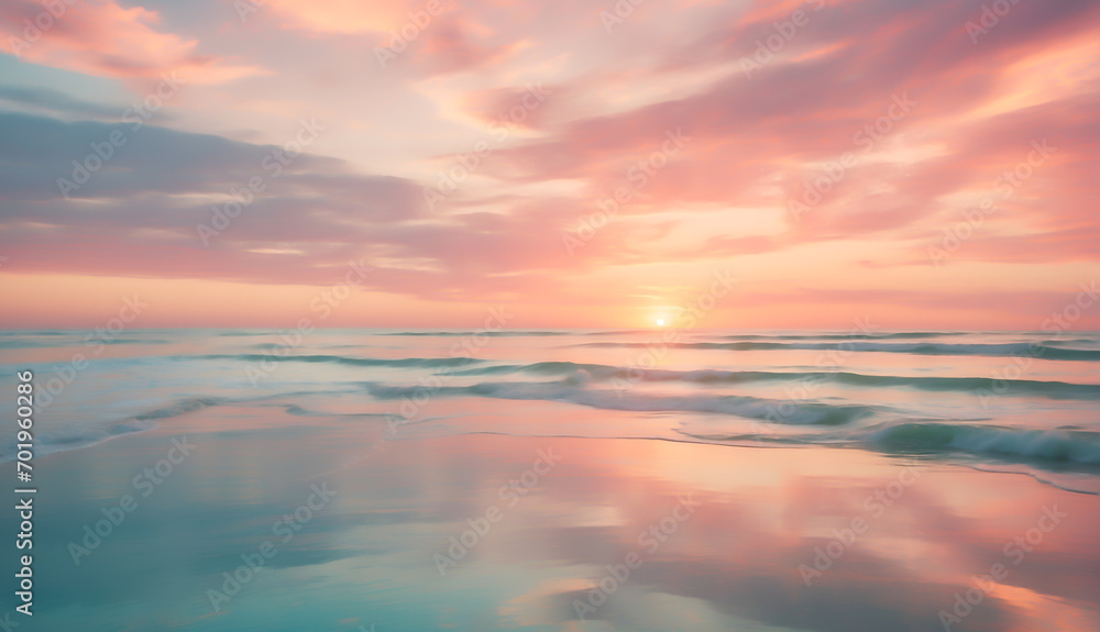 Fototapeta premium Blurred ocean sunrise with sky reflection, natural background.