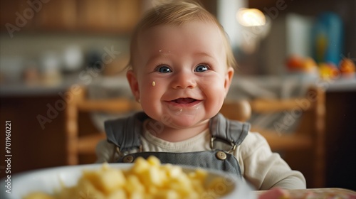 Baby eats food and smiles.