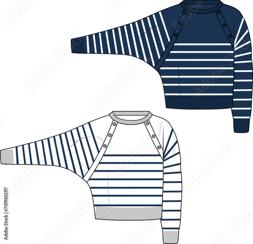 Women's Striped Button-Shoulder Batwing Jumper. Technical fashion illustration. Front, navy, and white. Women's CAD mock-up.