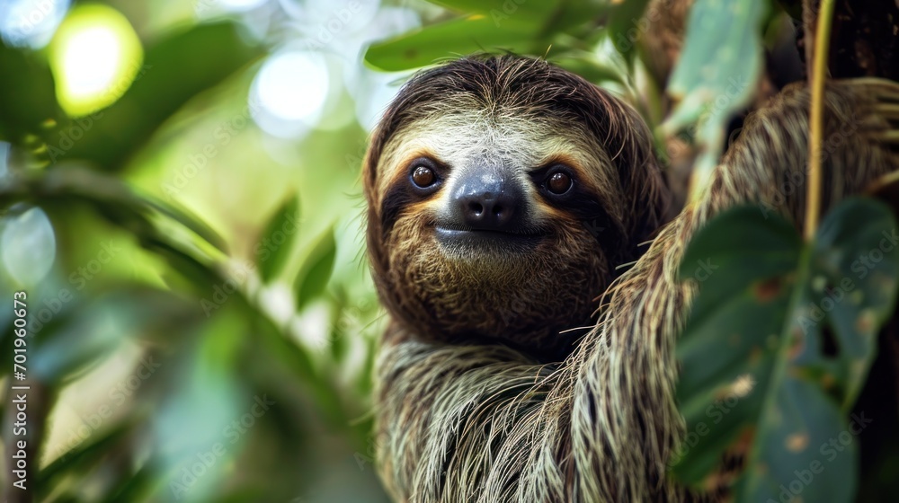 Fototapeta premium Close-up aesthetic photo of baby sloth on a tree