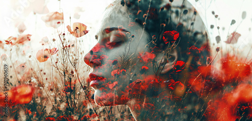 Woman's portrait blends with a field of deep red and maroon wildflowers in double exposure.