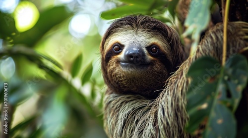 Close-up aesthetic photo of baby sloth on a tree photo