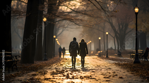 wedding couple walking in a park at sunset in autumn photo