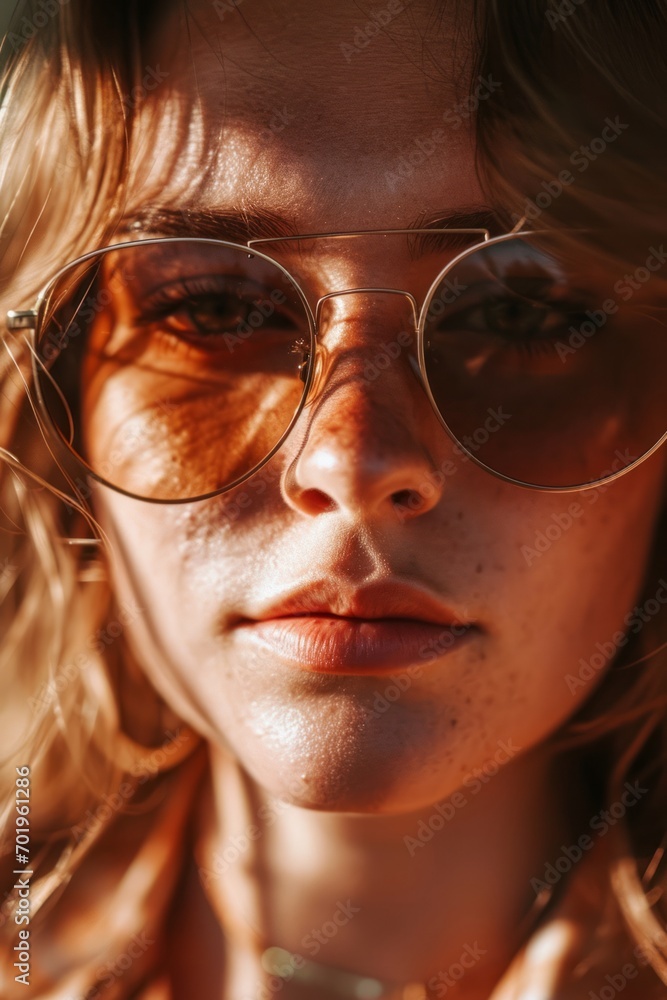 Closeup view of young woman in stylish sunglasses Closeup view of young woman in stylish sunglasses