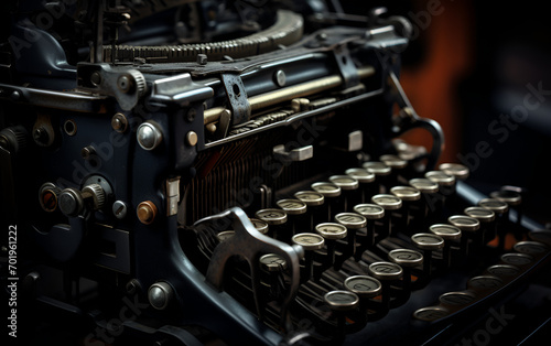 Old vintage antique typewriter on a wooden table close up
