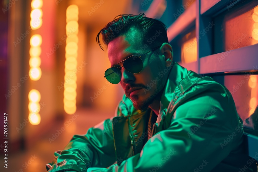 A man in a green jacket and sunglasses, neon style A man in a green jacket and sunglasses, neon style