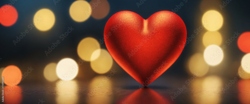 Big red shiny heart on bokeh effect background. Valentine's day illustration. Generative AI