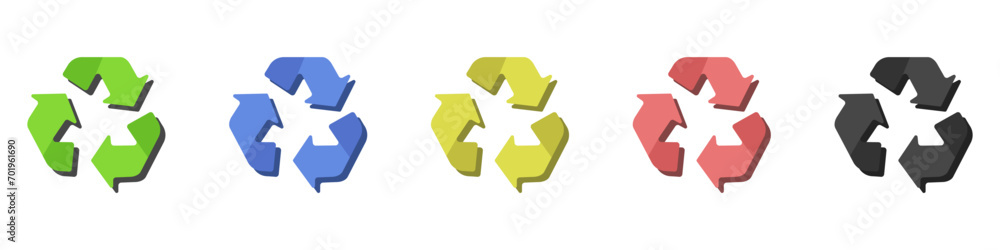 Recycling sign vector set. Circle arrows icon. Arrows rotate clockwise in flat style. Environmental safety icon. Ecology sign. Waste processing vector. Vector illustration. Recycling sign vector set. Circle arrows icon. Arrows rotate clockwise in flat style. Environmental safety icon. Ecology sign. Waste processing vector. Vector illustration.