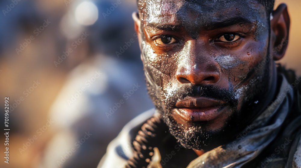 Close up portrait of an african american football player with helmet.  - obrazy, fototapety, plakaty 