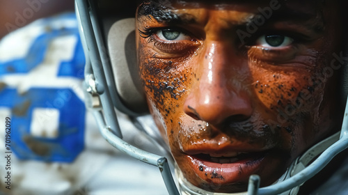 Close up portrait of an african american football player with helmet.  photo