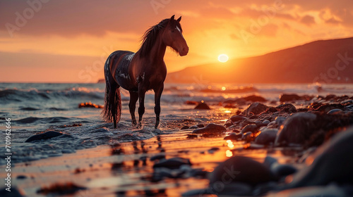 Majestic Stallion at Sunset: A majestic horse standing proudly on the seashore, backlit by the warm hues of a breathtaking sunset