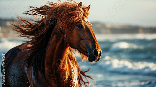 Wind-Blown Mane Elegance: A close-up of a horse with its mane beautifully tousled by the seaside breeze, exuding a sense of wild elegance