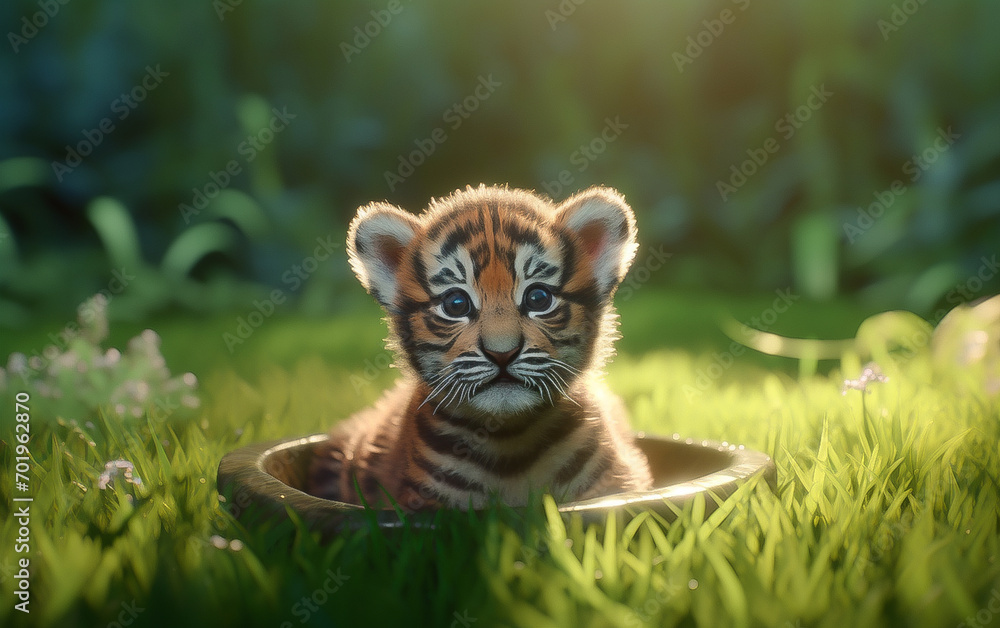 3D baby tiger play on grass