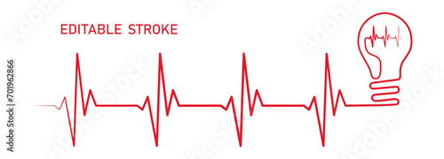 Editable lines heart rhythm illustration with lightbulb, heartbeat line vector design to use in healthcare, business idea, healthy lifestyle, medicine and ekg concept illustration projects. 