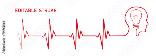 Editable red ekg monitor, cardio diagnosis, man head profile vector art. Heart rhythm line vector design to use for healthcare, healthy lifestyle, medicine, ekg, ecg concept illustration projects. 