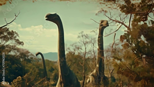 Dinosaur herd walking in a prehistoric land retro style damaged film animation