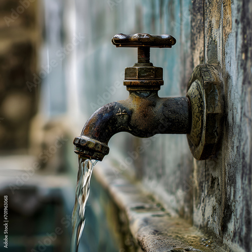 an old  rust water faucet with water pouring from it photo