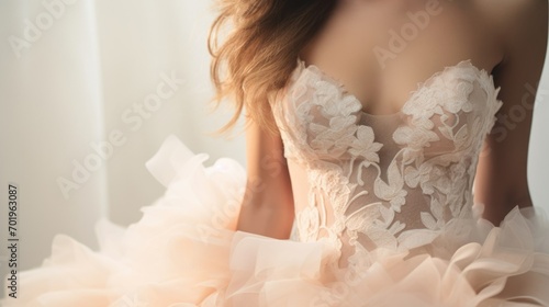 Closeup of a breathtaking mermaid style bridal gown, featuring a Peach Fuzz lace bodice and a dramatic cascading train.