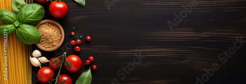 fresh tomatoes, spices and herbs on wooden background, top view