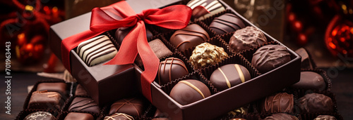 box with christmas chocolate candies, on wooden table