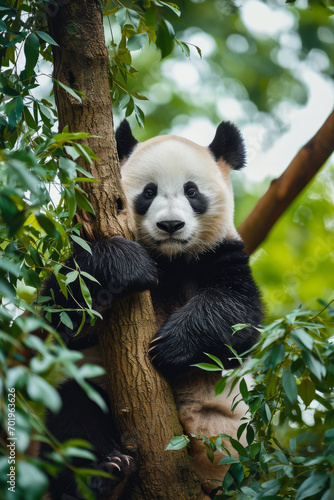 A panda bear climbing on a tree,close-up