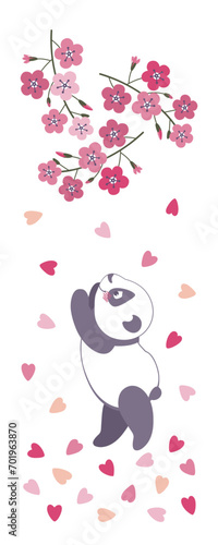Cute panda with branches cherry blossoms. Collection of illustrations with panda and sakura flowers. Children s greeting card with panda and sakura flowers. Minimalist style.