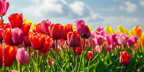 Easter banner with a field of tulips and a blue sky.