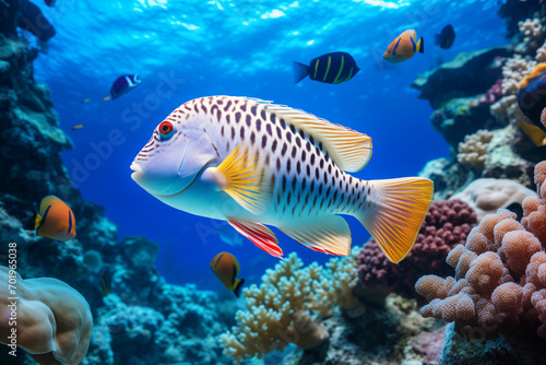 Bright bigcolorful fish swims underwater between corals © Irène