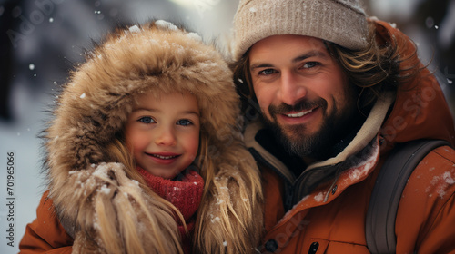 Nice photo of father and daughter in winter scene, Father and daughter enjoy winter outdoors