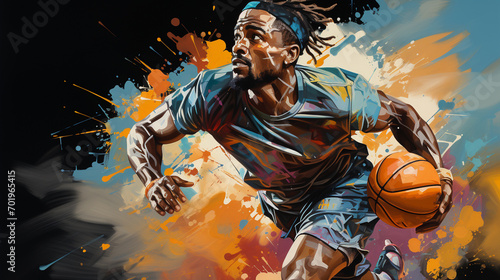 The basketball player, illustrated with a dynamic yellow and blue background