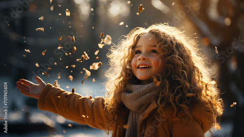 A little girl throws up autumn leaves photo