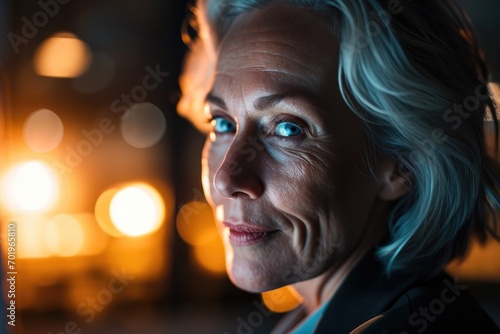 A portrait highlights a senior businesswoman thoughtful expression, her face lit by the soft glow of a computer screen, suggesting late-night strategy and dedication to her career
