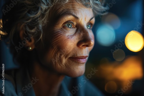 A portrait highlights a senior businesswoman thoughtful expression, her face lit by the soft glow of a computer screen, suggesting late-night strategy and dedication to her career