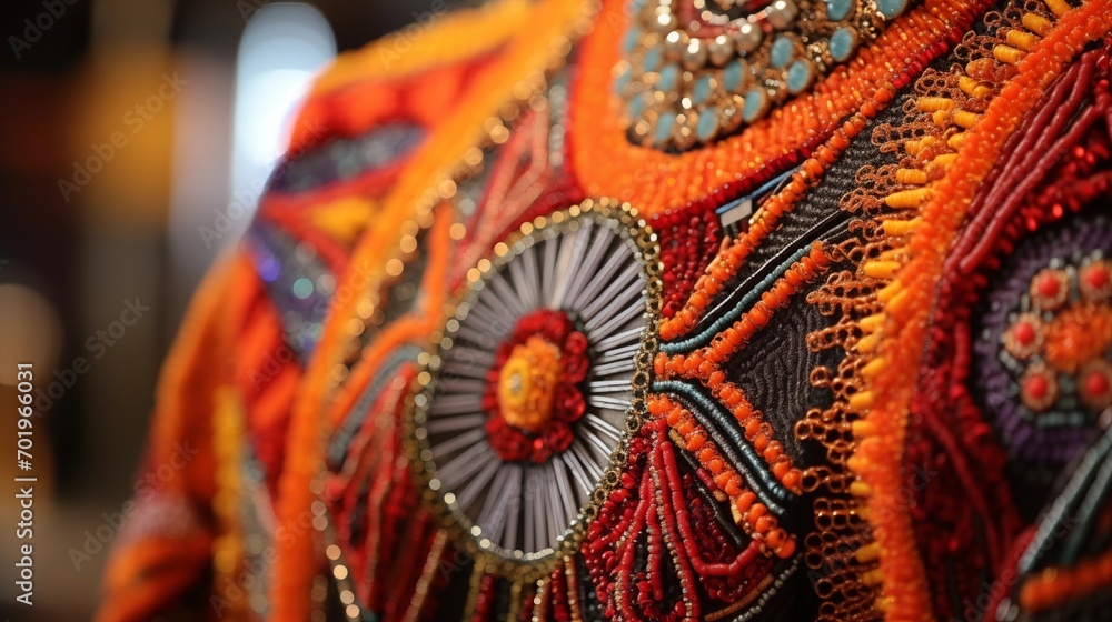 A close-up of intricate beadwork on a traditional robe