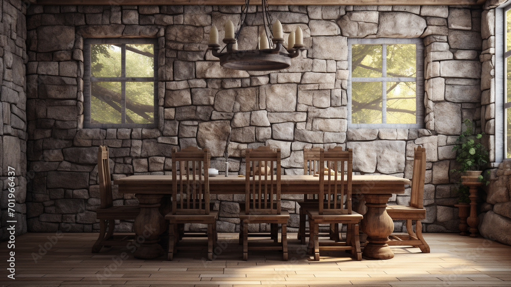 A 3D stone wall pattern in a rustic dining room with a wooden table and wrought iron chairs.