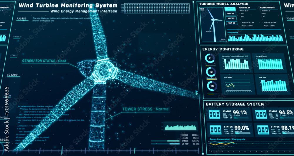Futuristic wind turbine energy control center interface design, digital data network battery management system, green renewable power technology software, engineering iot HUD information 3d rendering - obrazy, fototapety, plakaty 
