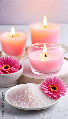 spa composition with sea salt, pink flowers and burning candles