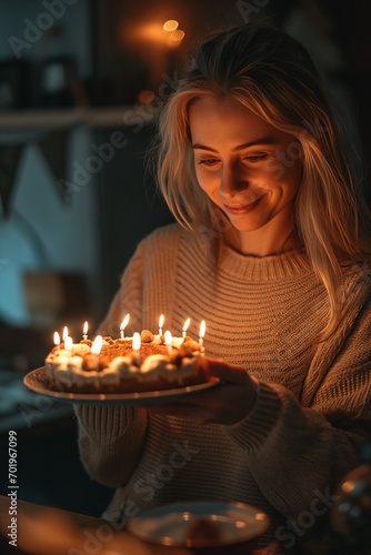 Blonde woman celebrating birthday at home