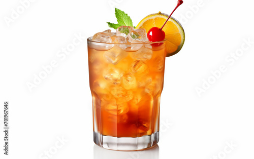 A glass of cocktail with ice and cherry and mint garnish on white background