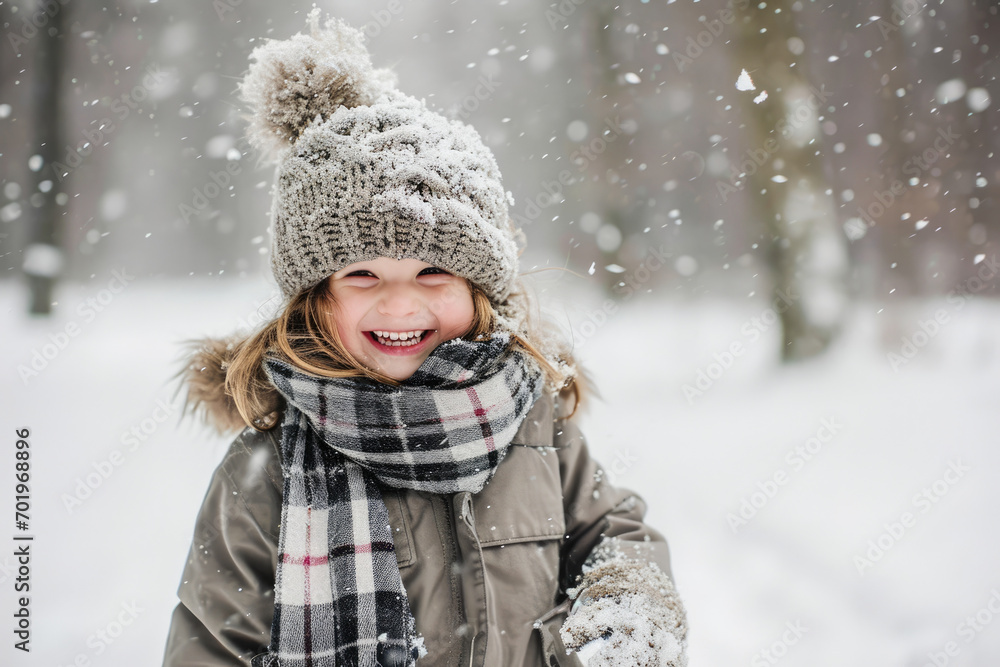 Happy kid wearing warm clothes plays outdoors with snow in winter. Happy kid wearing warm clothes plays outdoors with snow in winter.