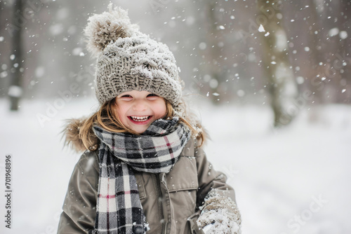 Happy kid wearing warm clothes plays outdoors with snow in winter.