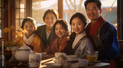 A family in traditional Korean Hanbok smiles together in a cozy setting with tea suggesting a cultural celebration