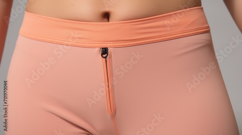 Closeup of a pair of Peach Fuzz yoga pants, made with a comfortable and stretchy fabric and a wide waistband for a flattering and functional yoga or Pilates session. photo