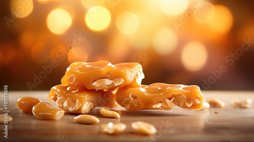 A bokeh shot featuring a blurred background with a single piece of peanut brittle in the foreground, creating an artistic effect and drawing attention to the texture and shape of the candy. photo